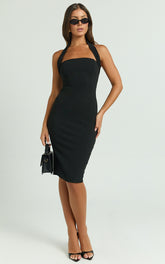 Vanessa Midi Dress - Halter Neck Below Knee Column Dress in Black